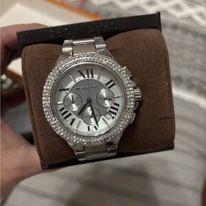 Michael Kors Silver Chronograph Watch with Crystal Bezel